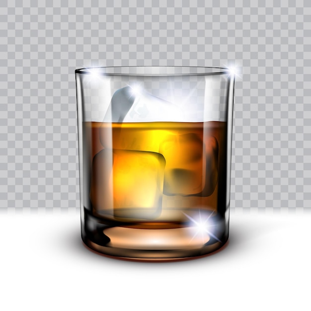 Realistic Glass Of Scotch Whiskey And Ice In It