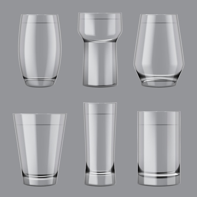 Realistic glass Transparent cups templates crystal containers for water alcohol liquid products decent vector glass pictures Illustration of realistic drink glass