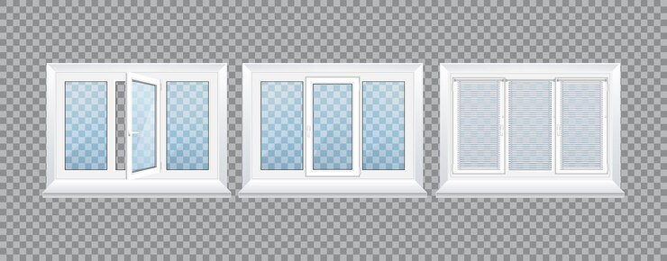 Vector realistic glass transparent plastic windows with window sills and sashes