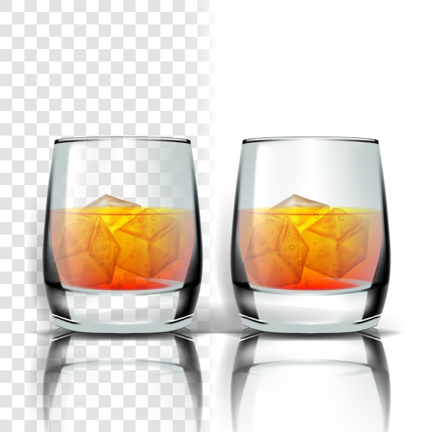 Vector realistic glass with whisky and ice cubes