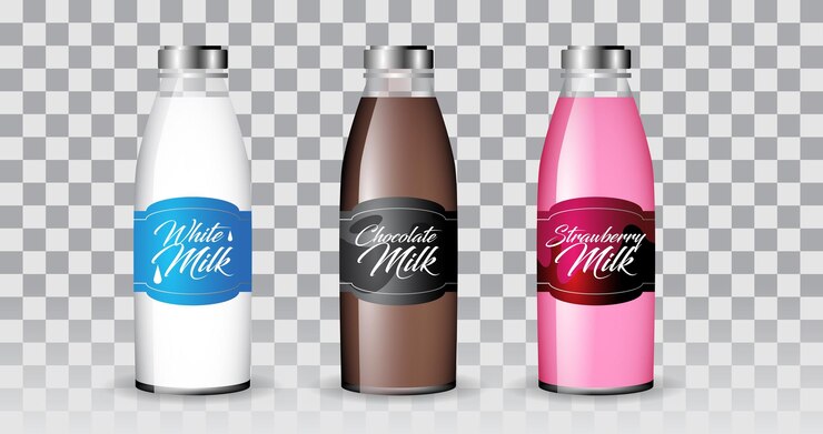 Vector realistic glasses and bottles with a milk