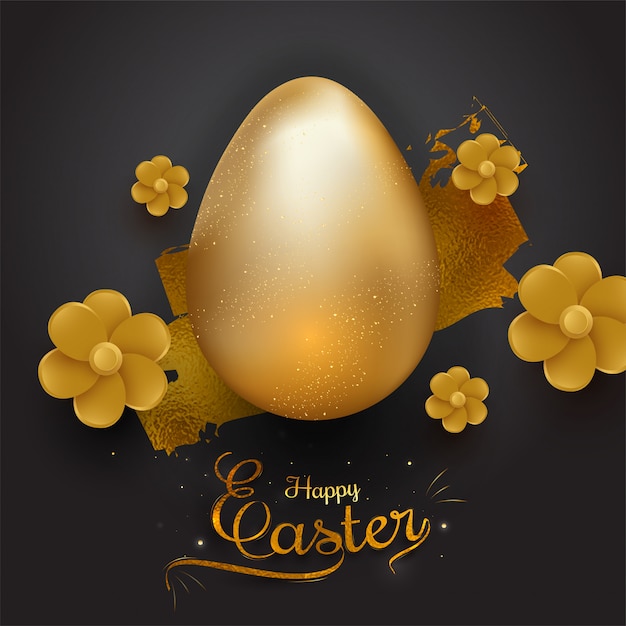 Vector realistic glittering golden color egg and beautiful flower on bl