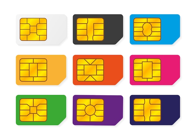 Realistic global big collection phone sim card with different emv chips and different colors. nfc chip for credit card security isolated on white background. vector. illustration.