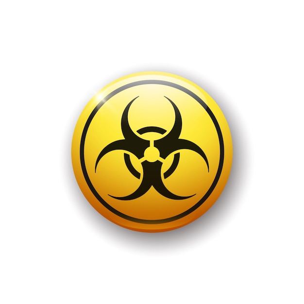 Realistic glossy button with biohazard icon 3d vector element of yellow color with shadow underneath