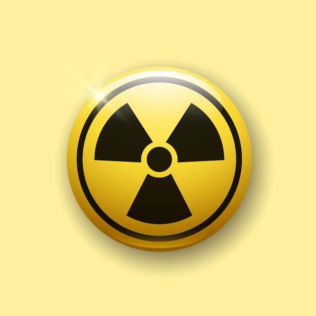 Realistic glossy button with radiation icon 3d vector element of yellow color with shadow underneath