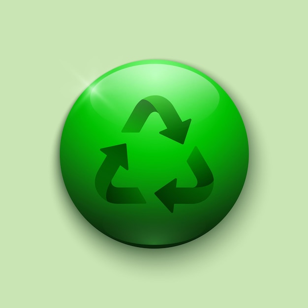 Realistic glossy button with recycle icon. 3d vector element of green color with shadow underneath.