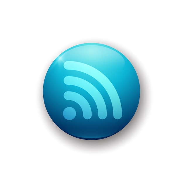 Realistic glossy button with wifi icon 3d vector element of blue color with shadow underneath