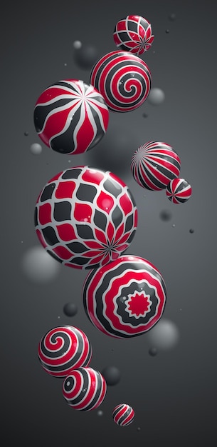 Realistic glossy spheres vector illustration smartphone background abstract wallpaper for phone with beautiful balls with patterns and depth of field 3D globes design concept art
