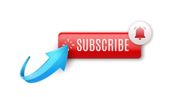 Realistic glossy subscribe button with bell and 3D blue arrow Subscribe to video channel blog and newsletter