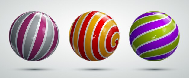 Realistic glossy vector spheres set decorated with pattern, cute balls abstract graphic design elements collection.