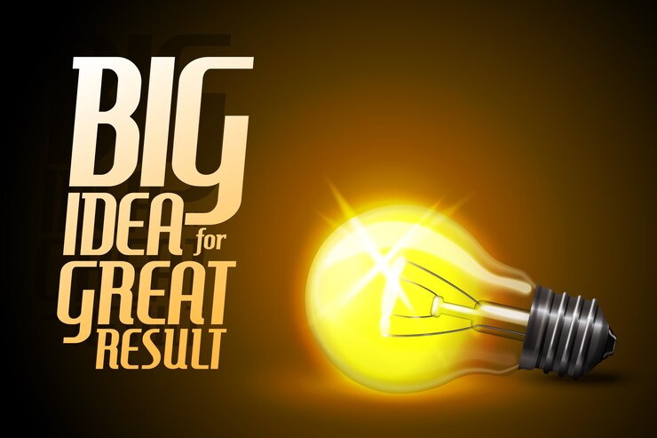 현실적인 빛나는 전구. 아이디어-슬로건이있는 개념 배너-훌륭한 결과를위한 Big Idea-.