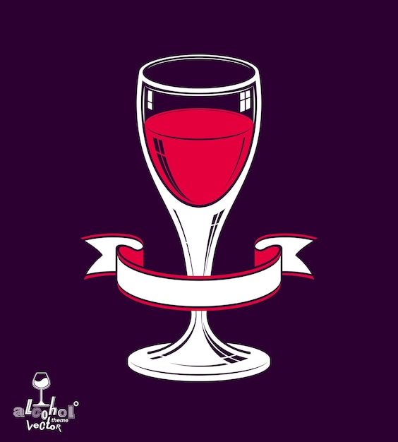Вектор Реалистичный бокал вина с декоративной лентой на темном фоне, объект дизайна юбилейной идеи. художественная иллюстрация темы винодельни, лучше всего подходит для использования в графическом дизайне.
