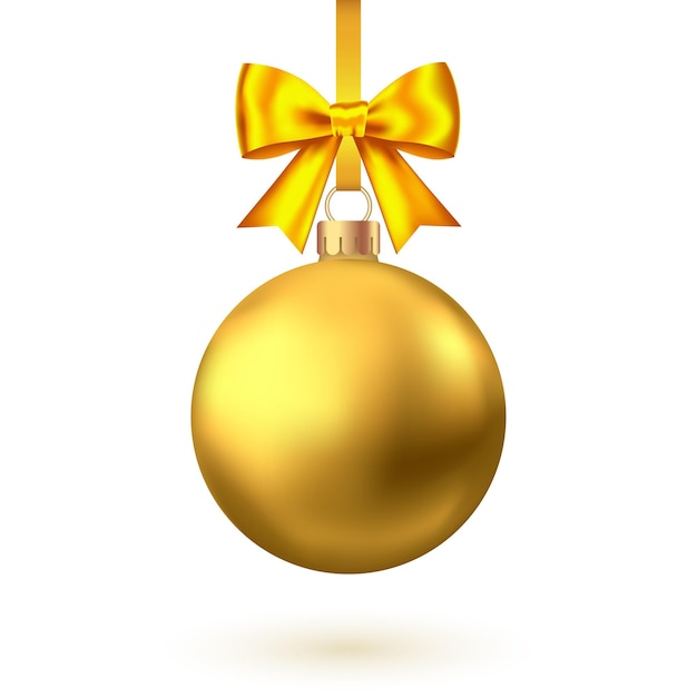 Realistic  gold  Christmas  ball with bow and ribbon  isolated on white background. Vector  Xmas  tree decoration.