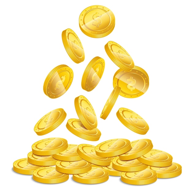 Realistic gold coin stacks Heap of 3D gold coins with falling down coins