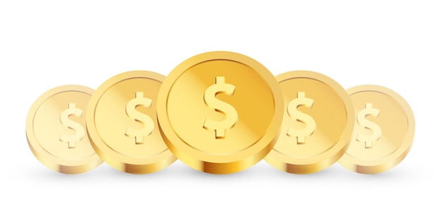 Realistic gold coins standing in a row on white background