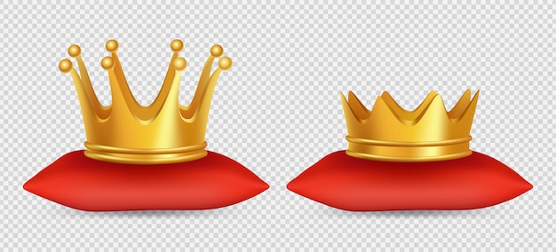 Realistic gold crowns. king and queen crowns on red pillow  on transparent background