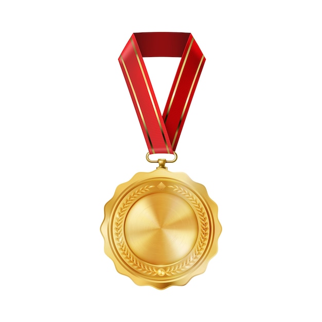 Vettore medaglia vuota d'oro realistica su nastro rosso premi per le competizioni sportive per il primo posto ricompensa del campionato per vittorie e risultati