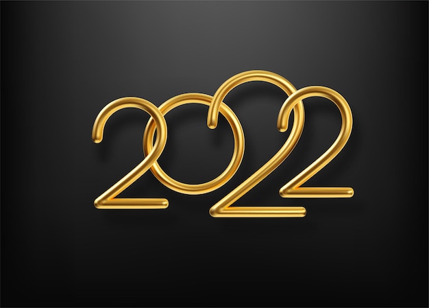 Realistic gold metal inscription 2022. gold calligraphy new year 2022 lettering on the black background. design element for advertising poster, flyer, postcard. vector illustration eps10