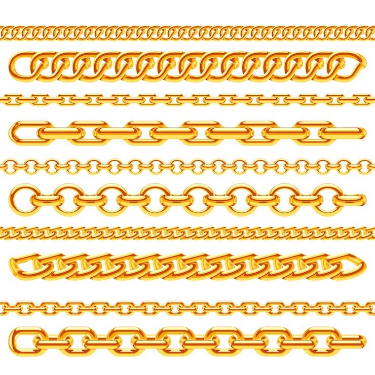 Vector realistic gold necklace chains brushes set. golden metal chain link for decoration 