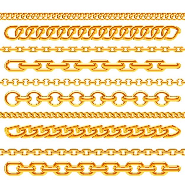 벡터 현실적인 금 목걸이 체인 브러쉬 세트. 장식용 황금 금속 체인 링크