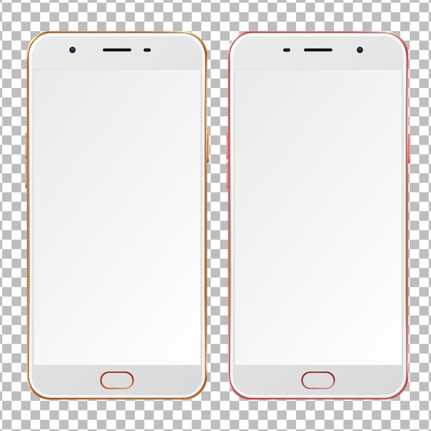 画面が空白のリアルなゴールドとローズのスマートフォン。