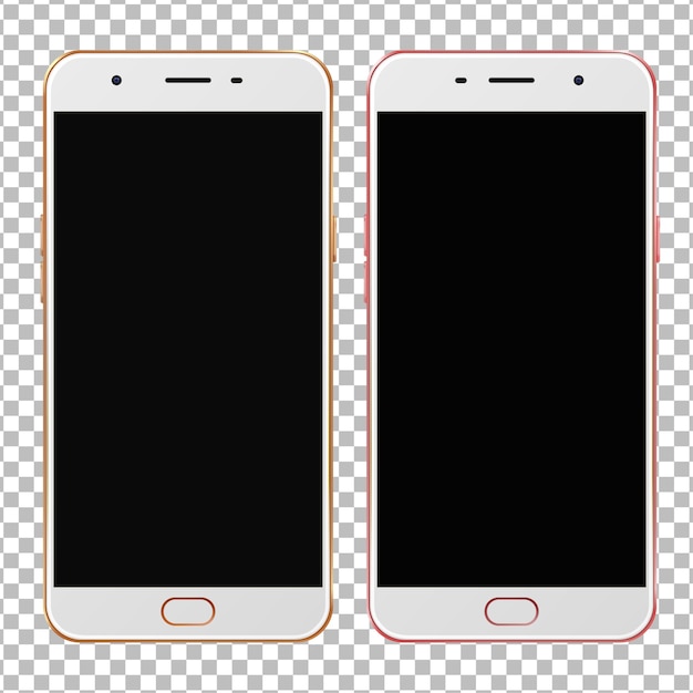 Realistic gold  and rose smartphones with black screens