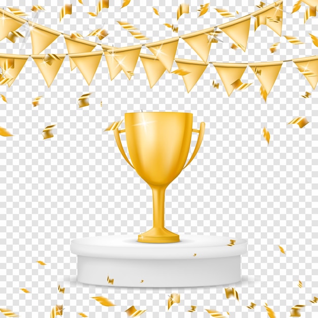 Vector realistic gold winners cup with flag confetti and serpentine trophy isolated on transparent background vector