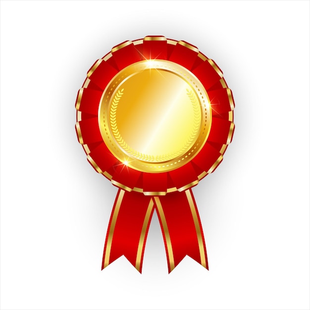 Realistic golden award decorated with red ribbon. Gold medal 1st place isolated on white background.