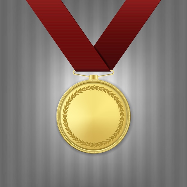  realistic golden award medal with red ribbon.