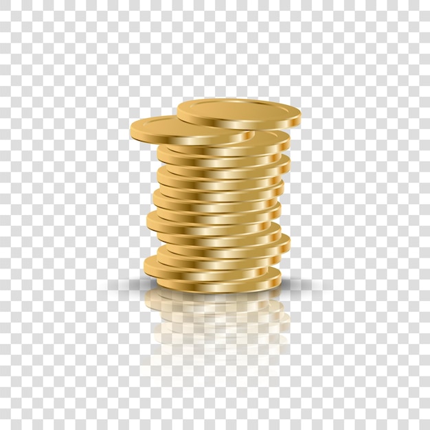 Realistic golden coins stack on transparent background