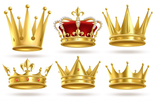 Realistic golden crowns. king, prince and queen gold crown and diadem royal heraldic decoration. monarch    signs