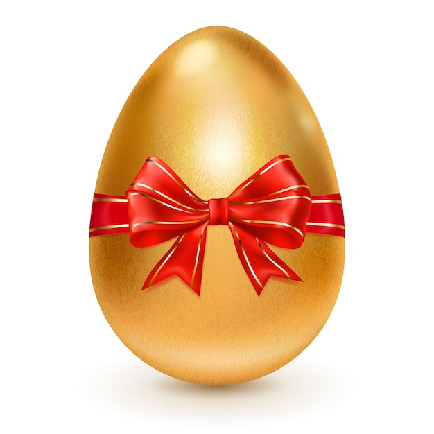 Realistic golden Easter egg tied of red ribbon with a big red bow. Easter egg with shadow on white background