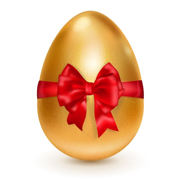 大きな赤い弓で赤いリボンで結ばれたリアルな黄金のイースターの卵。白い背景の上の影とイースターエッグ