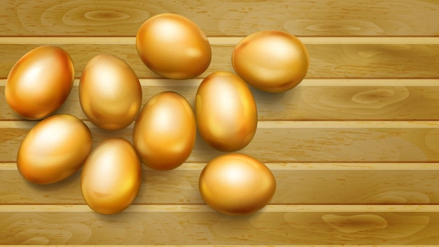 Vettore uova di pasqua dorate realistiche con ombre su assi di legno