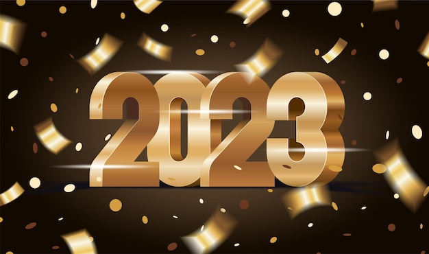 벡터 축제 황금 반짝이 색종이와 검은 배경에 현실적인 황금 광택 3d 숫자 2023