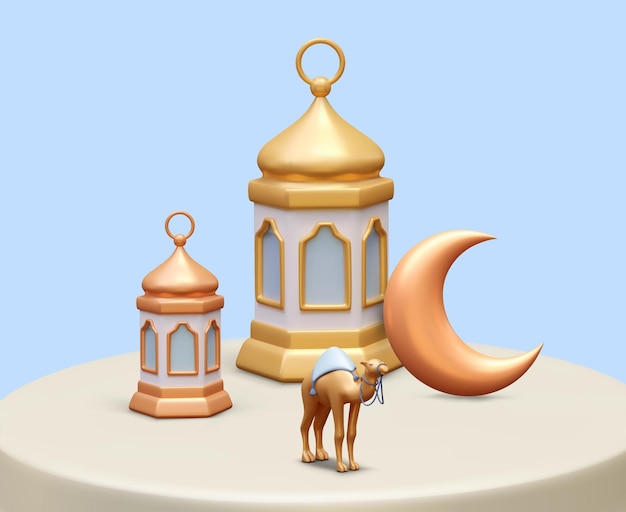 Vector realistic golden lantern and camel and moon composition elegance islamic postcard