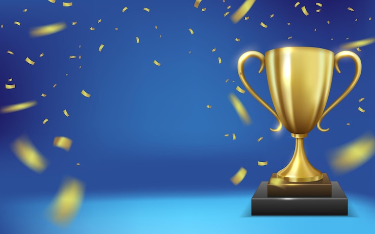 Vector realistic golden trophy surrounded by falling confetti isolated on blue background vector