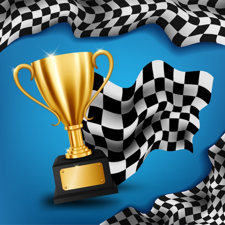 Vector realistic golden trophy with checkered flag racing championship background