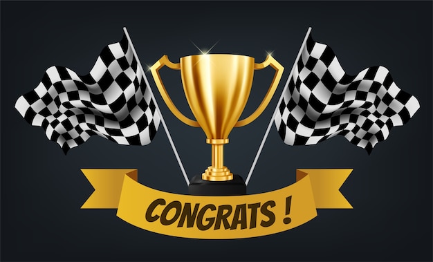 Vector realistic golden trophy with checkered flag