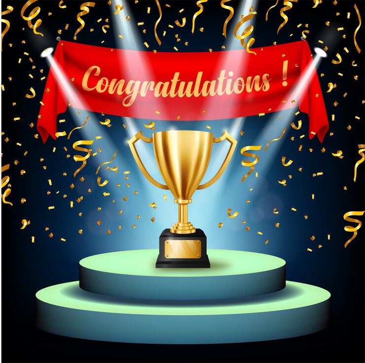 वेक्टर realistic golden trophy with congratulations text on stage