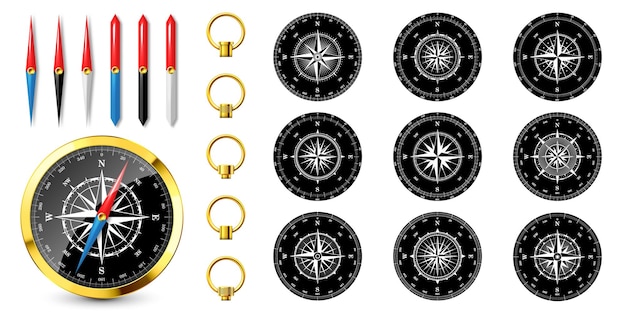 Vector realistic golden vintage compass with marine wind rose and cardinal directions of north east south