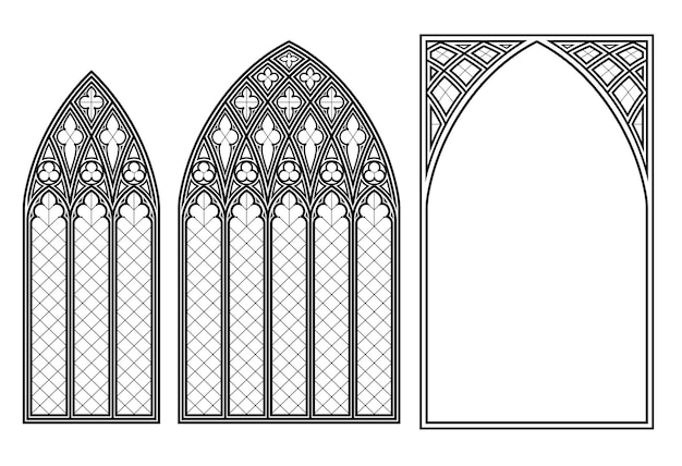 リアルなゴシック中世のステンドグラスウィンドウ 背景またはテクスチャ 建築要素 中世のゴシックのステンドガラス大聖堂のウィンドウセット