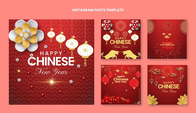 Реалистичная градиентная коллекция постов в instagram к китайскому Новому году