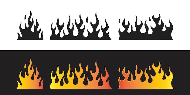 Realistic gradient fire flames on black background fire flames vector icon set