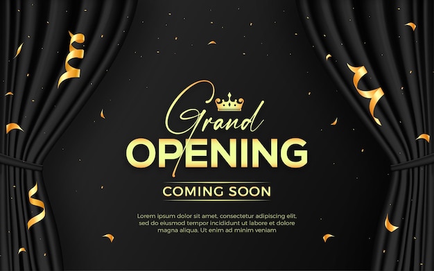 Realistic grand opening invitation banner with black curtains golden elements and 3d editable text effect