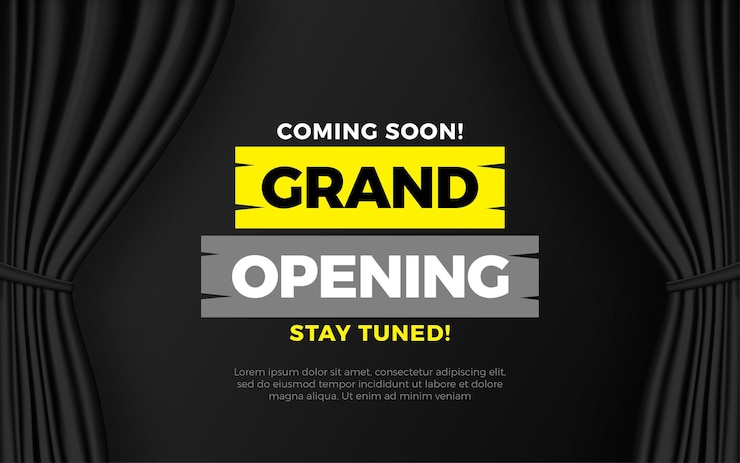 Vector realistic grand opening invitation banner with black curtains golden elements and 3d editable text effect
