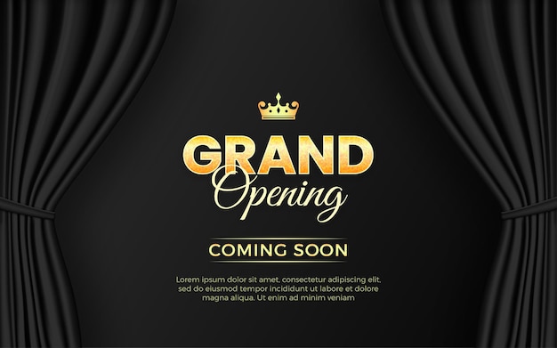 Realistic grand opening invitation banner with black curtains golden elements and 3d editable text effect
