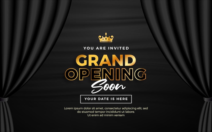 Vector realistic grand opening invitation banner with black curtains golden elements and 3d editable text effect
