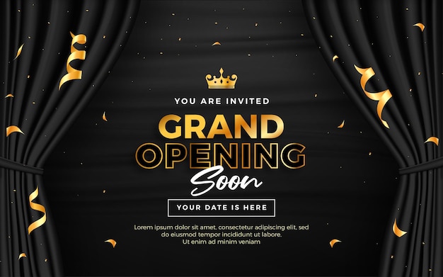 Vector realistic grand opening invitation banner with black curtains golden elements and 3d editable text effect