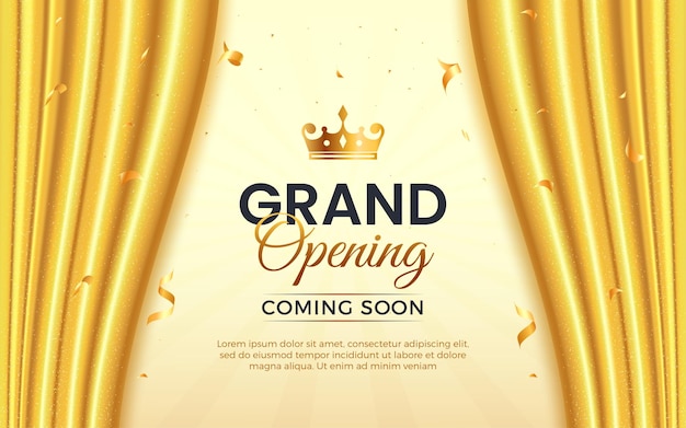 Vector realistic grand opening invitation banner with luxury golden silk curtains and 3d editable text effect